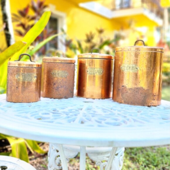 Vintage Copper Kitchen Canister Set Flour Sugar Coffee Tea Rustic Farmhouse - Picture 8 of 11